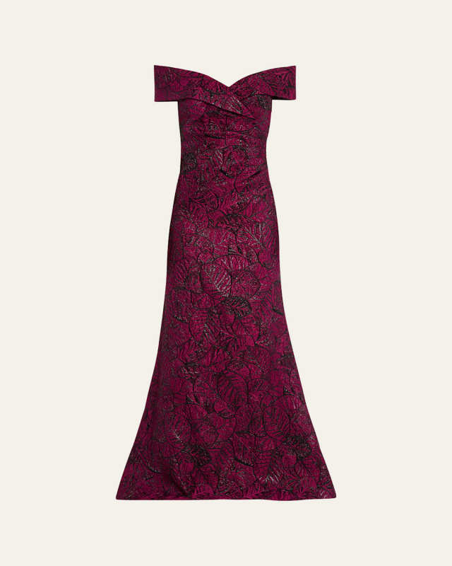 Off-Shoulder Metallic Leaf Jacquard Gown